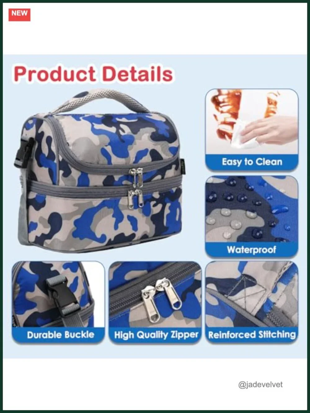 Double Decker Insulated Lunch Bag Tote with Adjustable Strap, Polyester